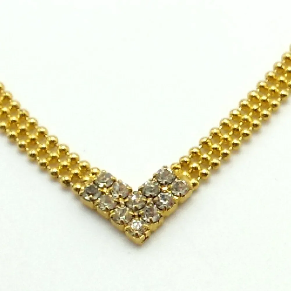V Shaped Crystal Center Triple Row Delicate Round Gold-tone Beaded Necklace
